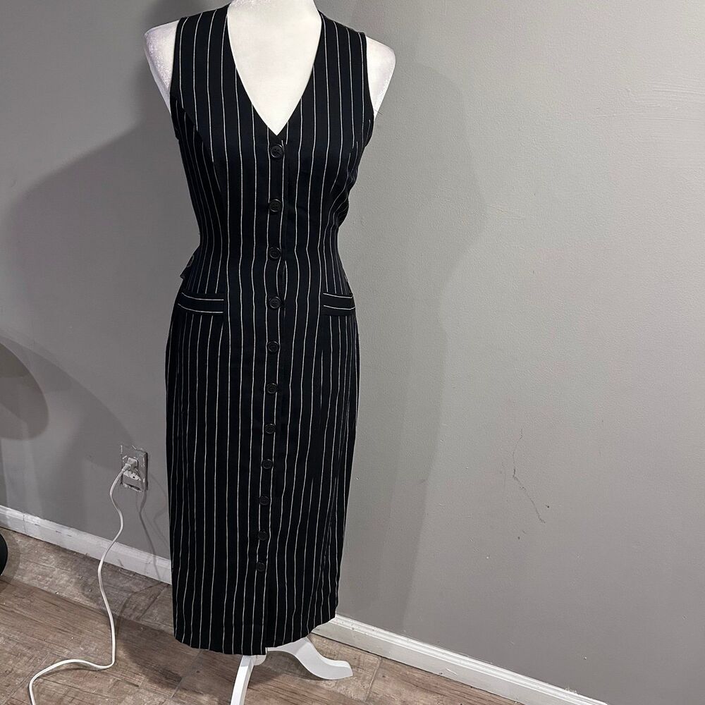 Vintage 90s Knapp Studio Pin Stripes Vest Dress Button Down Womens Sz 5